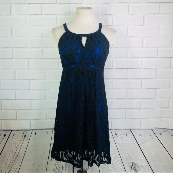 INC International Concepts Blue with Black Lace Overlay Midi Dress - PS - Picture 1 of 16